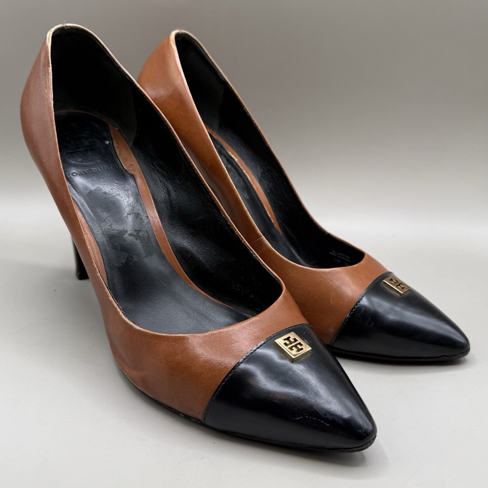 TORY BURCH KAY Pointy‎ Toe Heels Womens SIZE 11 M Leather Two Tone Brown Black